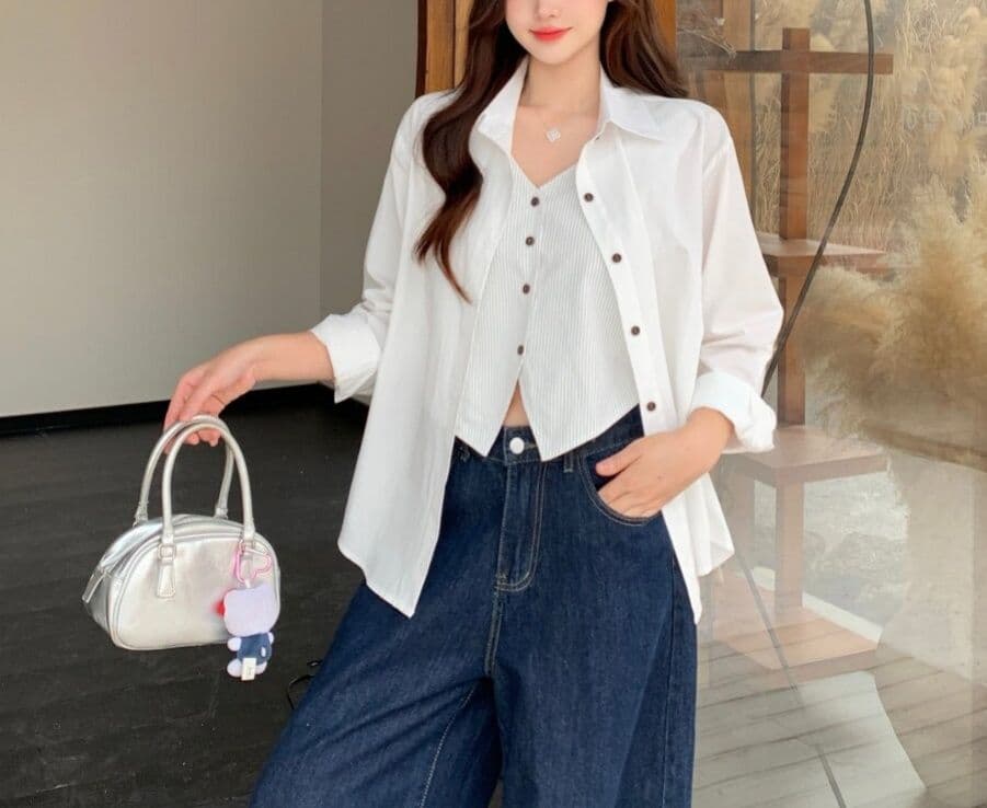 경관 그림 원본 원단 청춘 한국 스타일 페이크 레이어드 셔츠 미니멀리즘 바람 맨위 봄 가을 새로운 빅 사이즈 셔츠 여성 상세 이미지 7