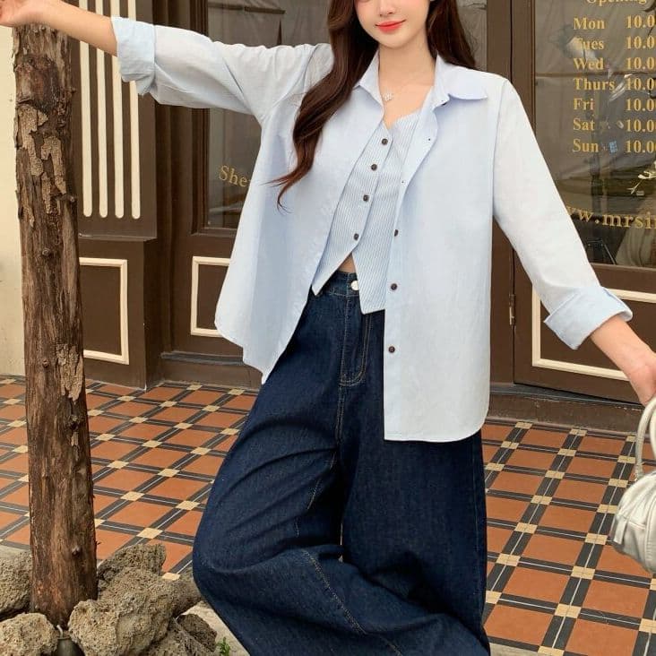경관 그림 원본 원단 청춘 한국 스타일 페이크 레이어드 셔츠 미니멀리즘 바람 맨위 봄 가을 새로운 빅 사이즈 셔츠 여성 상세 이미지 15