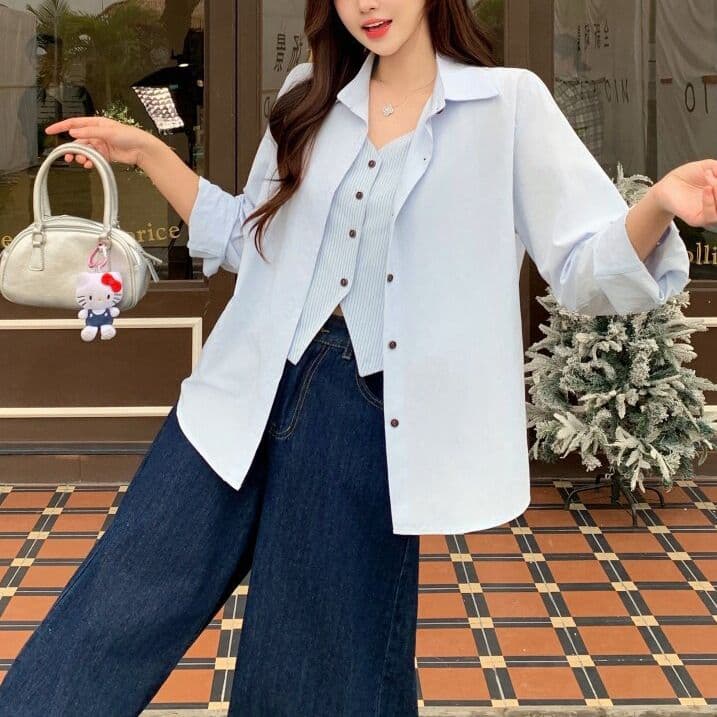 경관 그림 원본 원단 청춘 한국 스타일 페이크 레이어드 셔츠 미니멀리즘 바람 맨위 봄 가을 새로운 빅 사이즈 셔츠 여성 상세 이미지 16