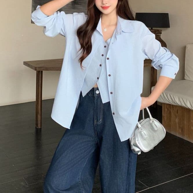 경관 그림 원본 원단 청춘 한국 스타일 페이크 레이어드 셔츠 미니멀리즘 바람 맨위 봄 가을 새로운 빅 사이즈 셔츠 여성 상세 이미지 17
