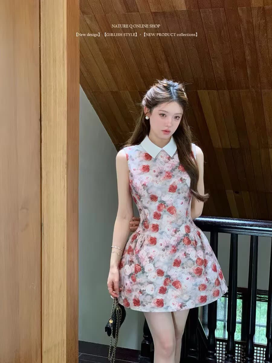 양 작은 볼륨 유화 소녀 드레스 천 금빛 바람 셔츠 칼라 민소매 꼬집기 허리 치마 생일 작은 행사 치마 공주 드레스 이미지 2