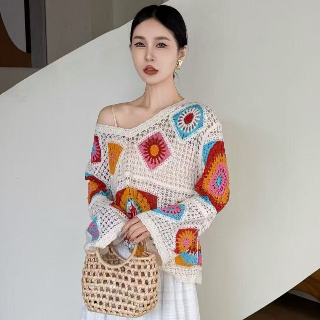 2026 봄 휴가 바람 V넥 자수 홀로우 아웃 니트 스웨터 여성 빅 사이즈 지방 mm 루즈핏 외부 가져 가라. 블라우스 맨위 이미지 5