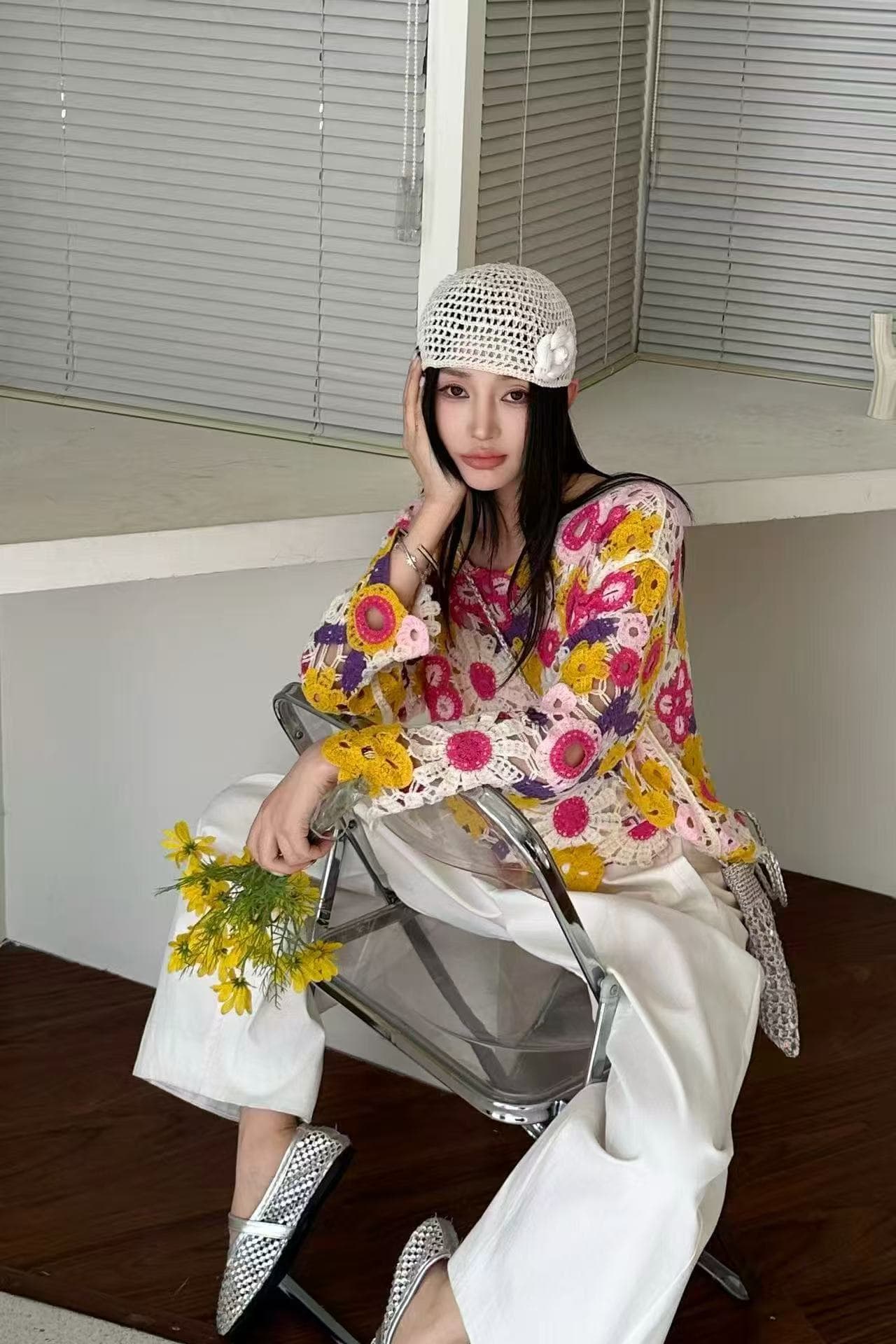 2026 여름 새로운 무거운 작업 홀로우 아웃 자수 배색 긴팔 니트 스웨터 여성 작은 대중 디자인 센스 외국 가스 맨위 이미지 3
