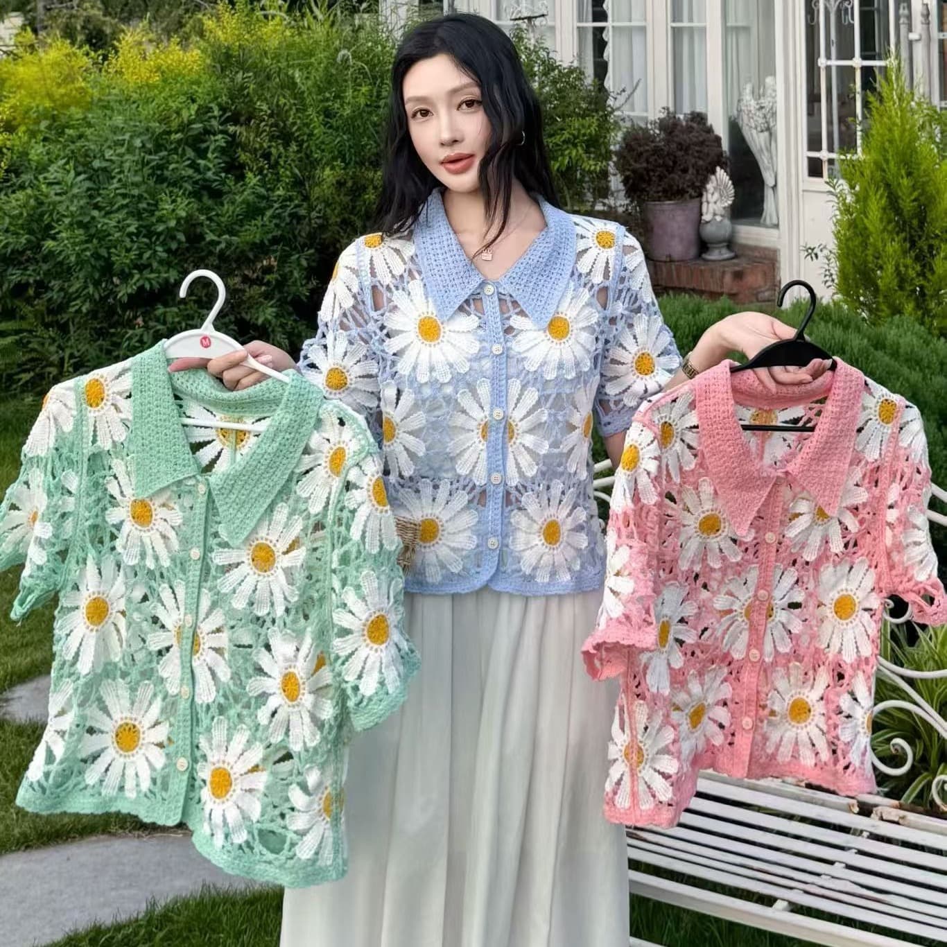2026 여름 새로운 보헤미안 자수 홀로우 아웃 얇은 스타일 정장 칼라 휴가 바람 여성용 짧은 소매 오픈 가디건 맨위