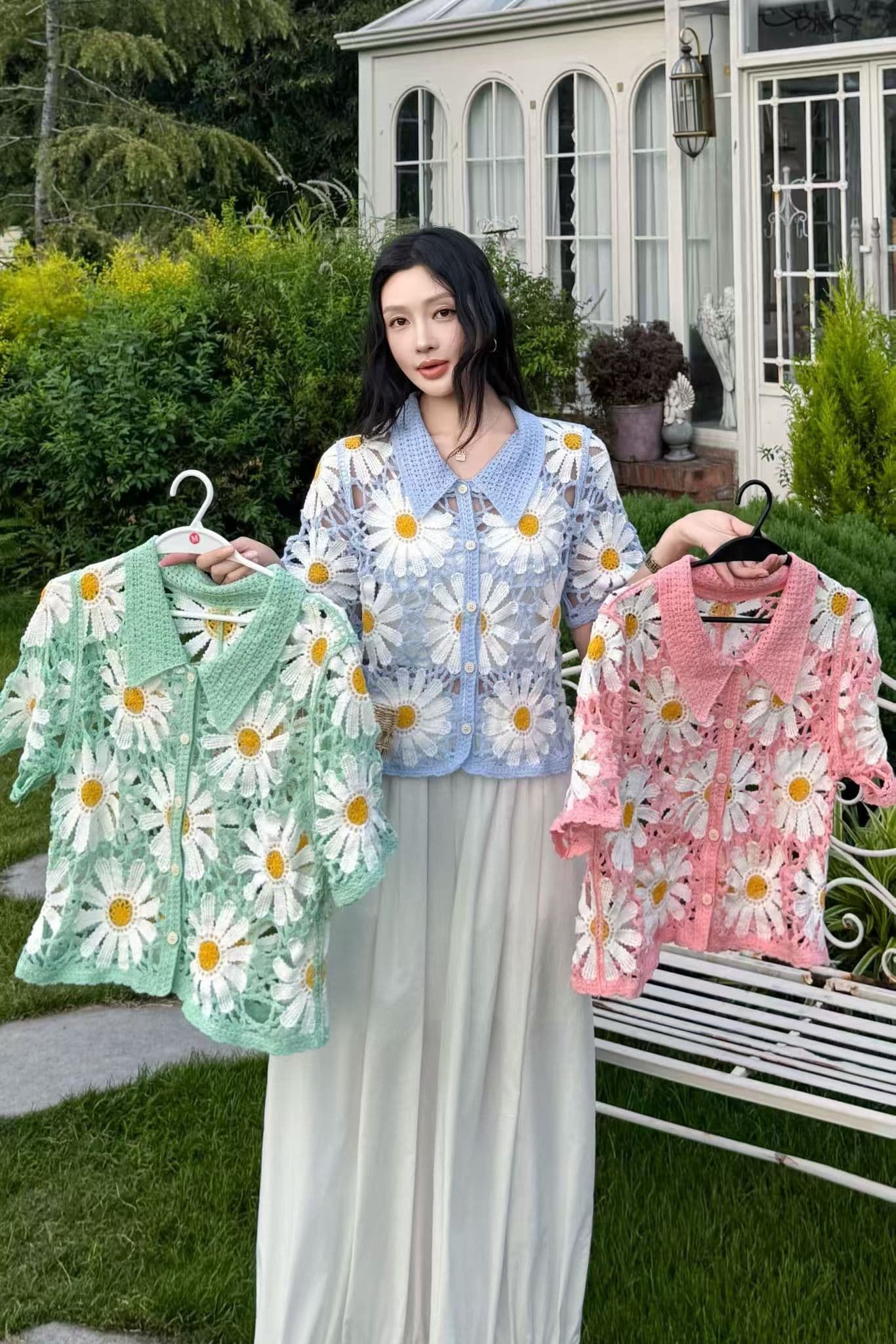 2026 여름 새로운 보헤미안 자수 홀로우 아웃 얇은 스타일 정장 칼라 휴가 바람 여성용 짧은 소매 오픈 가디건 맨위 상세 이미지 1