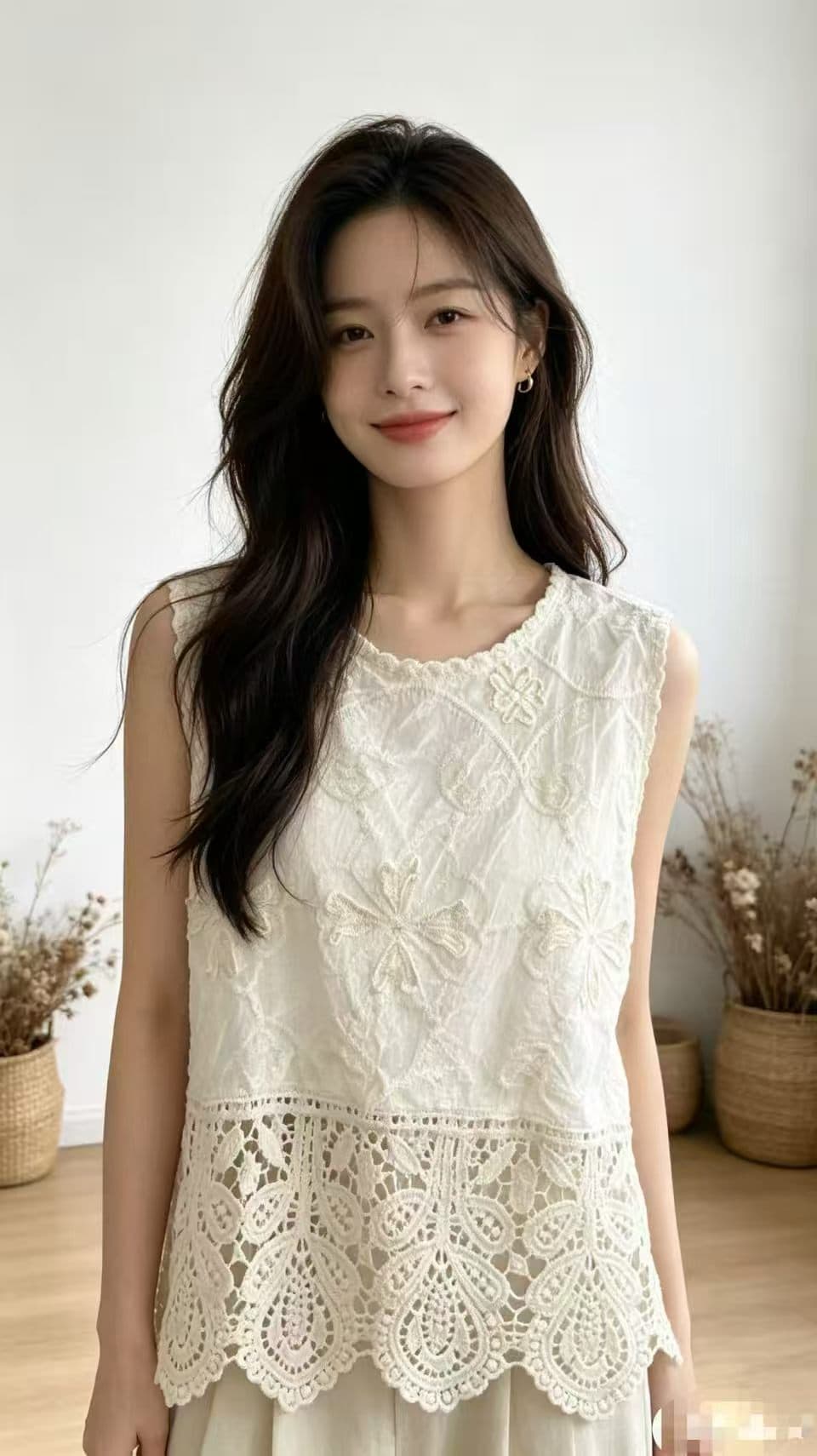 2026 여름 보헤미안 바람 니트 슬립 빅 사이즈 지방 mm 자수 홀로우 아웃 민소매 맨위 블라우스 상세 이미지 2