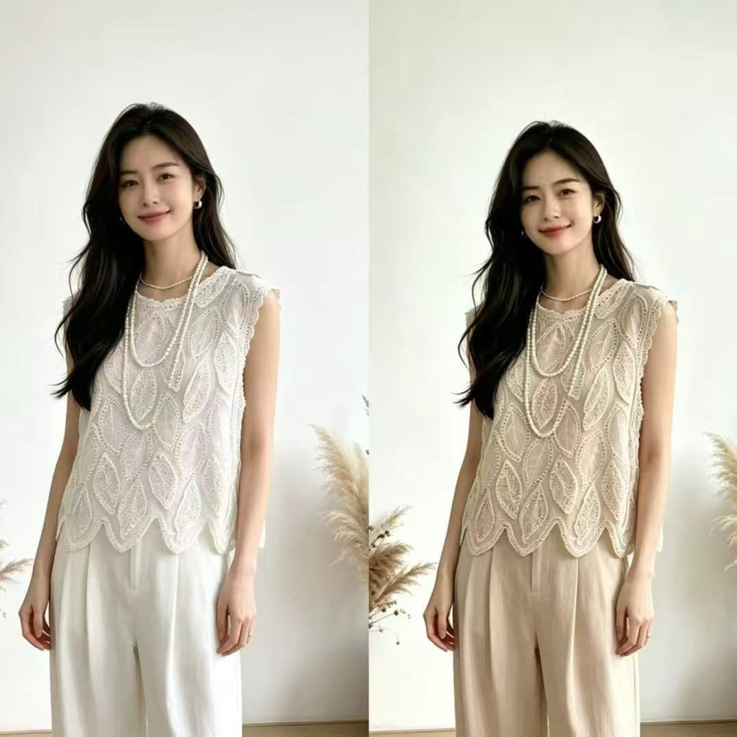 2026 여름 보헤미안 바람 니트 슬립 빅 사이즈 지방 mm 자수 홀로우 아웃 민소매 맨위 블라우스 상세 이미지 1