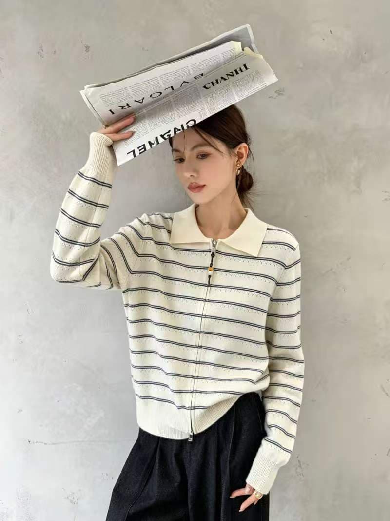 2026 가을 레트로 스트라이프 폴로 칼라 지퍼 니트 오픈 가디건 여성 품격 다용도 긴팔 POLO 칼라 스웨터 상세 이미지 8