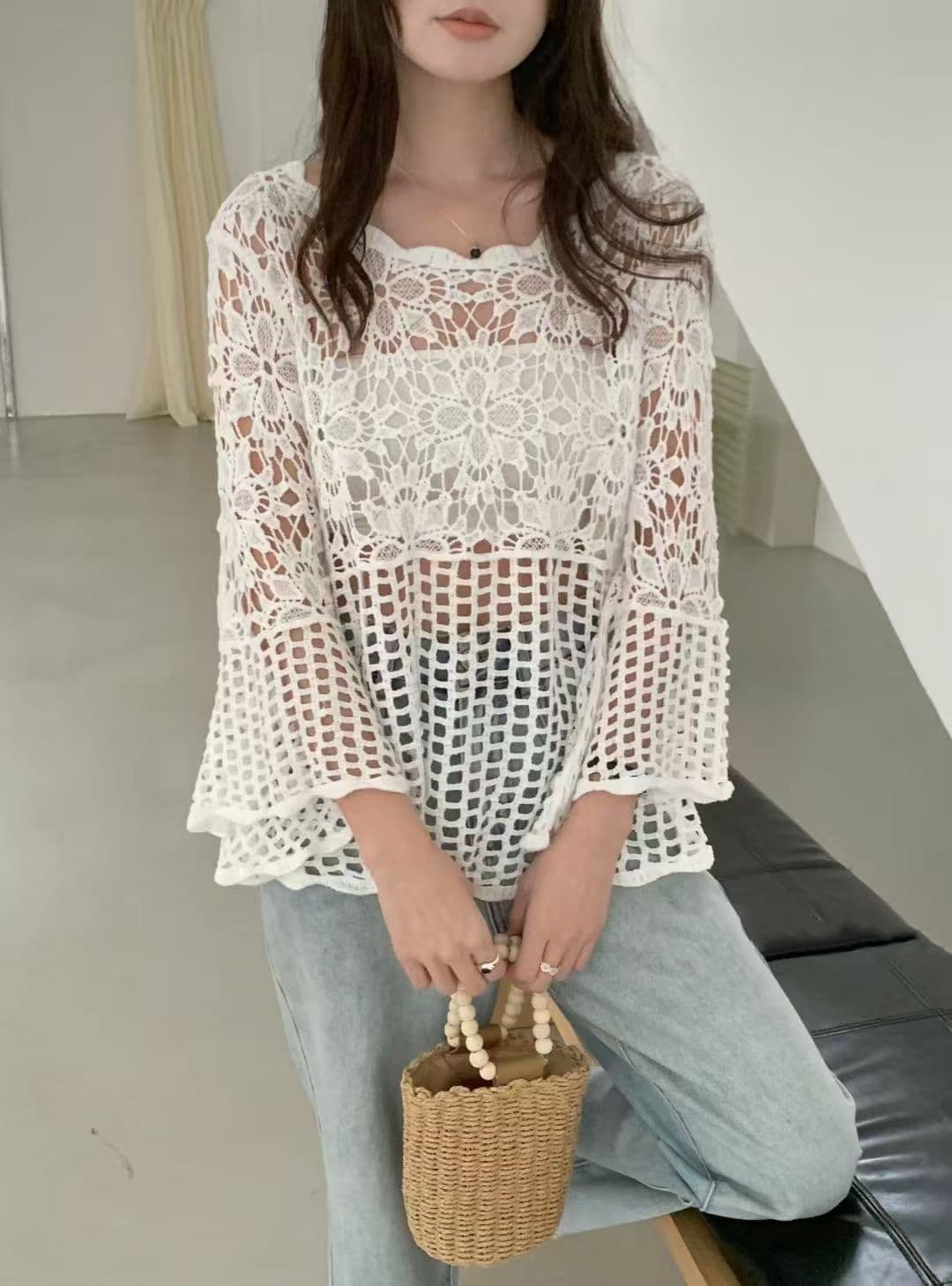 2026 가을 한 부서 워싱 순면 자수 홀로우 아웃 다용도 연령 감소 연꽃 잎 7부 소매 자외선 차단 홀로우 아웃 블라우스 상세 이미지 2