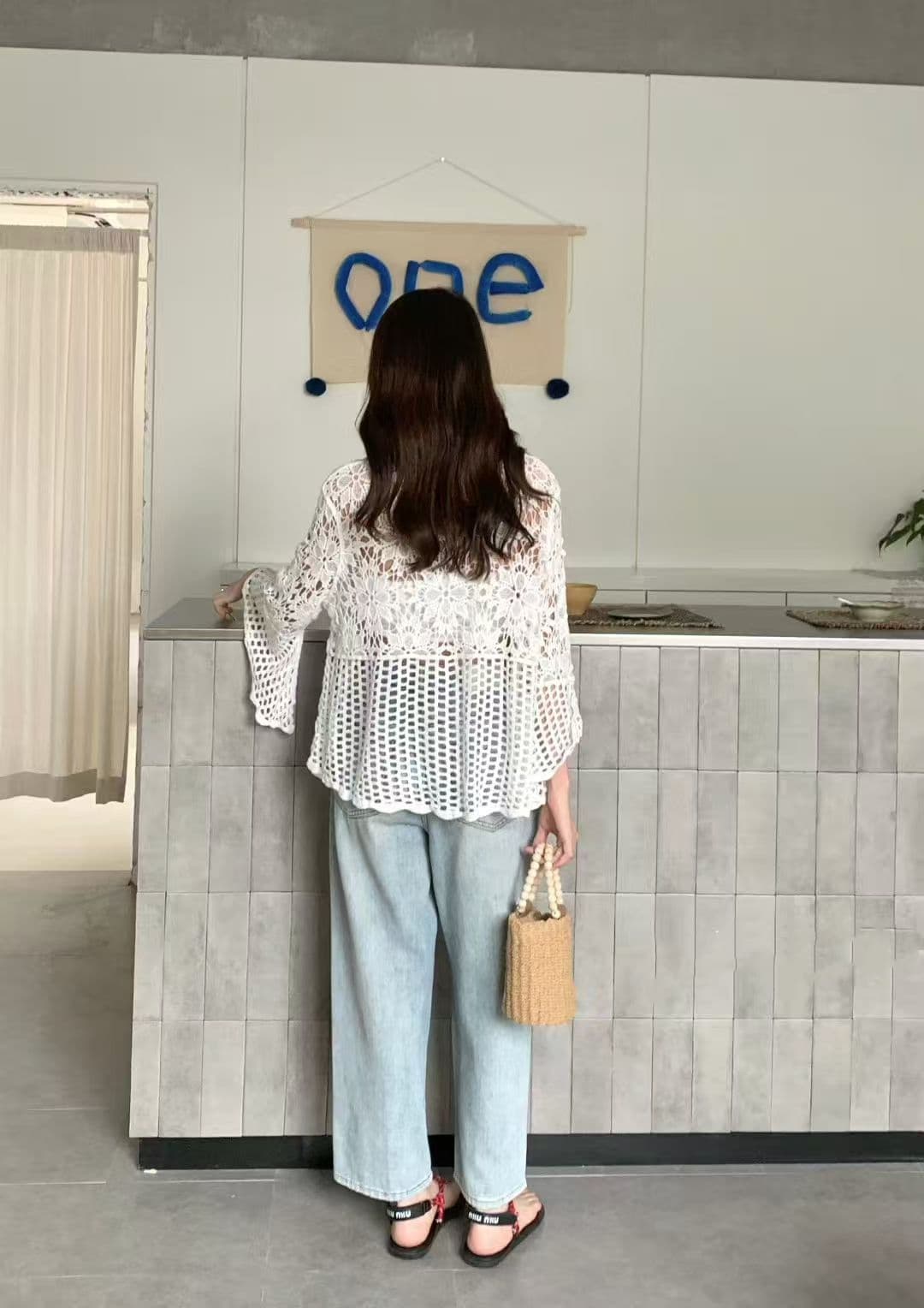 2026 가을 한 부서 워싱 순면 자수 홀로우 아웃 다용도 연령 감소 연꽃 잎 7부 소매 자외선 차단 홀로우 아웃 블라우스 상세 이미지 3