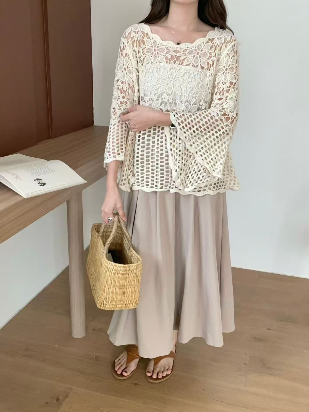 2026 가을 한 부서 워싱 순면 자수 홀로우 아웃 다용도 연령 감소 연꽃 잎 7부 소매 자외선 차단 홀로우 아웃 블라우스 상세 이미지 5