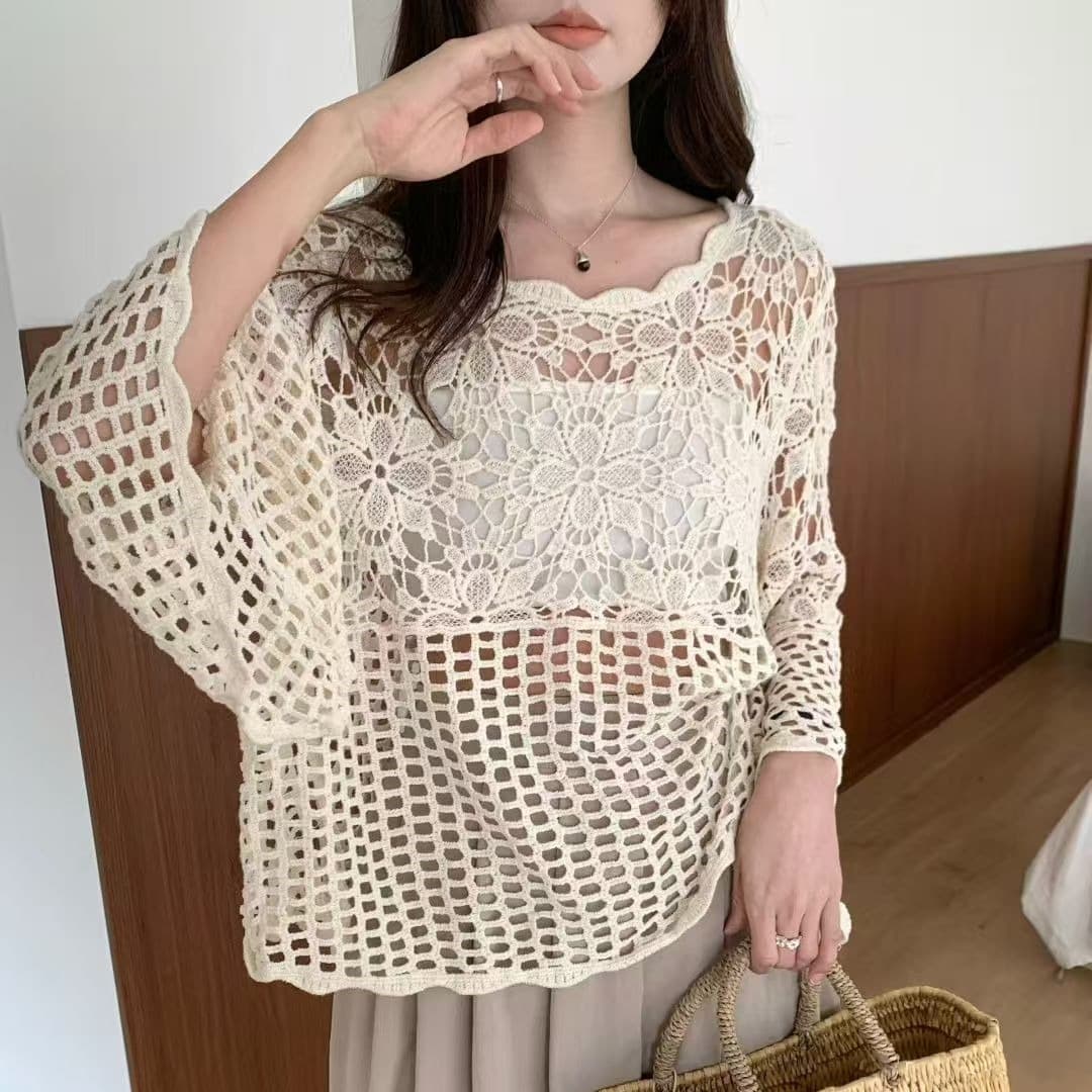 2026 가을 한 부서 워싱 순면 자수 홀로우 아웃 다용도 연령 감소 연꽃 잎 7부 소매 자외선 차단 홀로우 아웃 블라우스