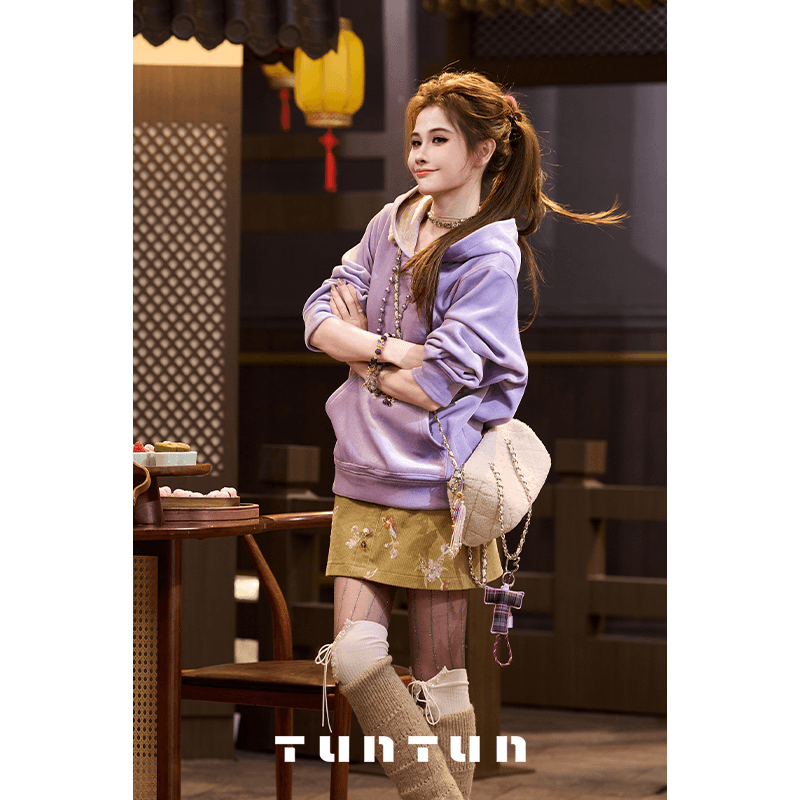 삼키기 tunt 가을 겨울 즉시 소원 벨벳 광택 국풍 수많은 말들이 내달리다. 프린트 후드 티 스웨터 상세 이미지 2