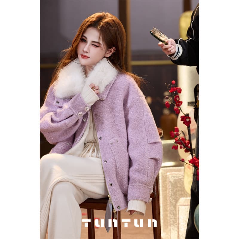 삼키기 tunt 가을 겨울 반짝임 신년 양성 및 음성 둘 착용 국풍 빨간색 좋은 플래시 작은 샤넬 스타일 모피 짧은 외투 이미지 3