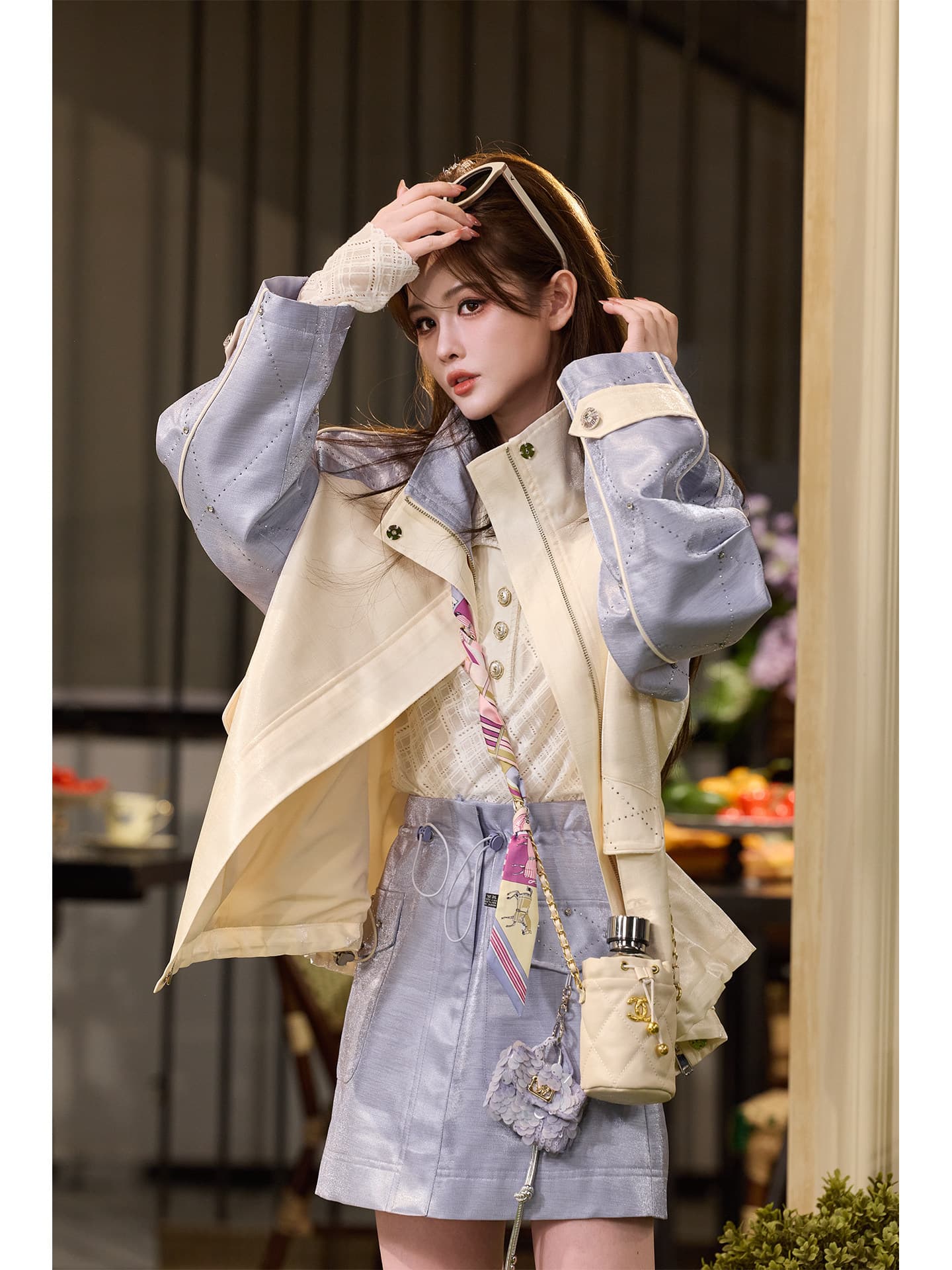 삼키기 tunt 봄 여름 잠깐만. 봄 워크웨어 연인 보라색 조정 광택 링 그리드 핫픽스 미니 스커트 상세 이미지 4