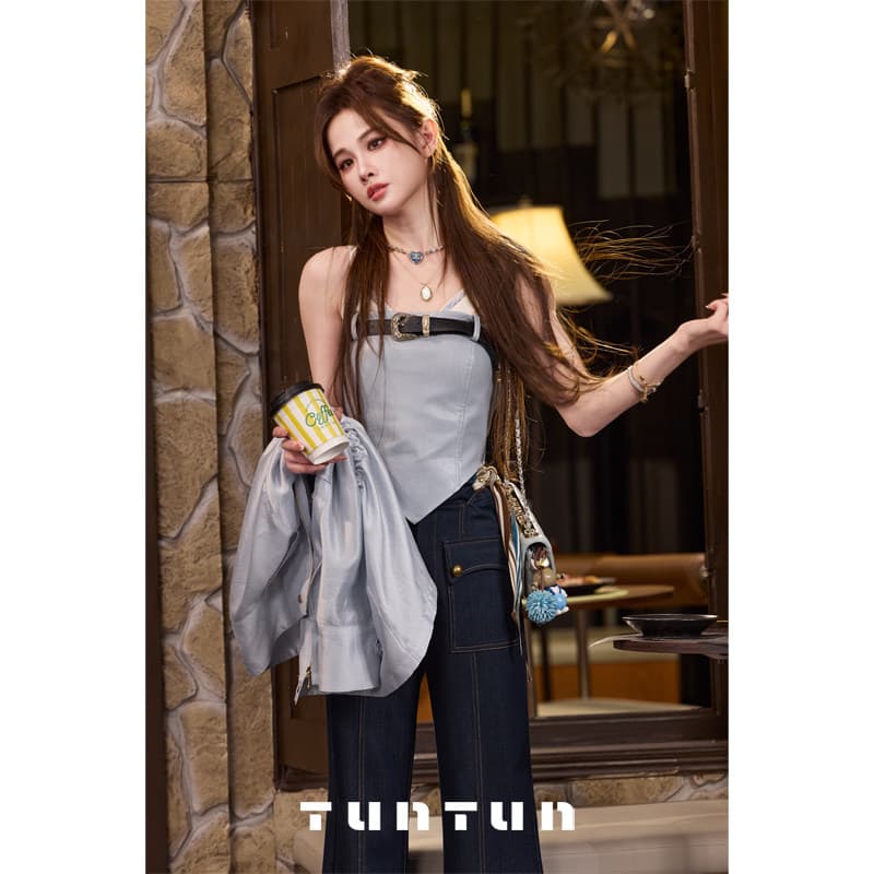 삼키기 tunt 봄 여름 지점 자르다 당겨서 달콤한 차가운 균형 수술 레트로 pu 가죽 스티칭 레이스 튜브탑 슬립 상세 이미지 1