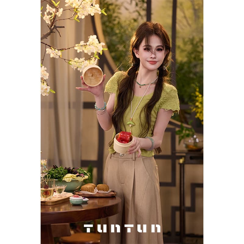 삼키기 tunt 봄 여름 직물 꽃무늬 꿈 절묘한 다용도 레이스 작은 날다 소매 부드러운 찹쌀 라이 경기 서울 니트 티셔츠 상세 이미지 3