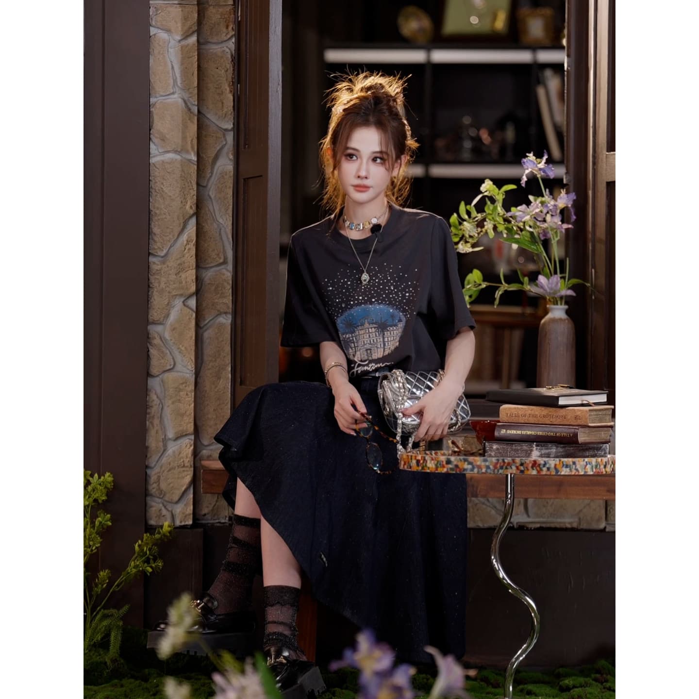 삼키기 tuntun 봄 여름 暮 빛 도시 레트로 일러스트레이션 바람 작은 마을 프린트 핫픽스 순면 반팔 티셔츠 상세 이미지 3