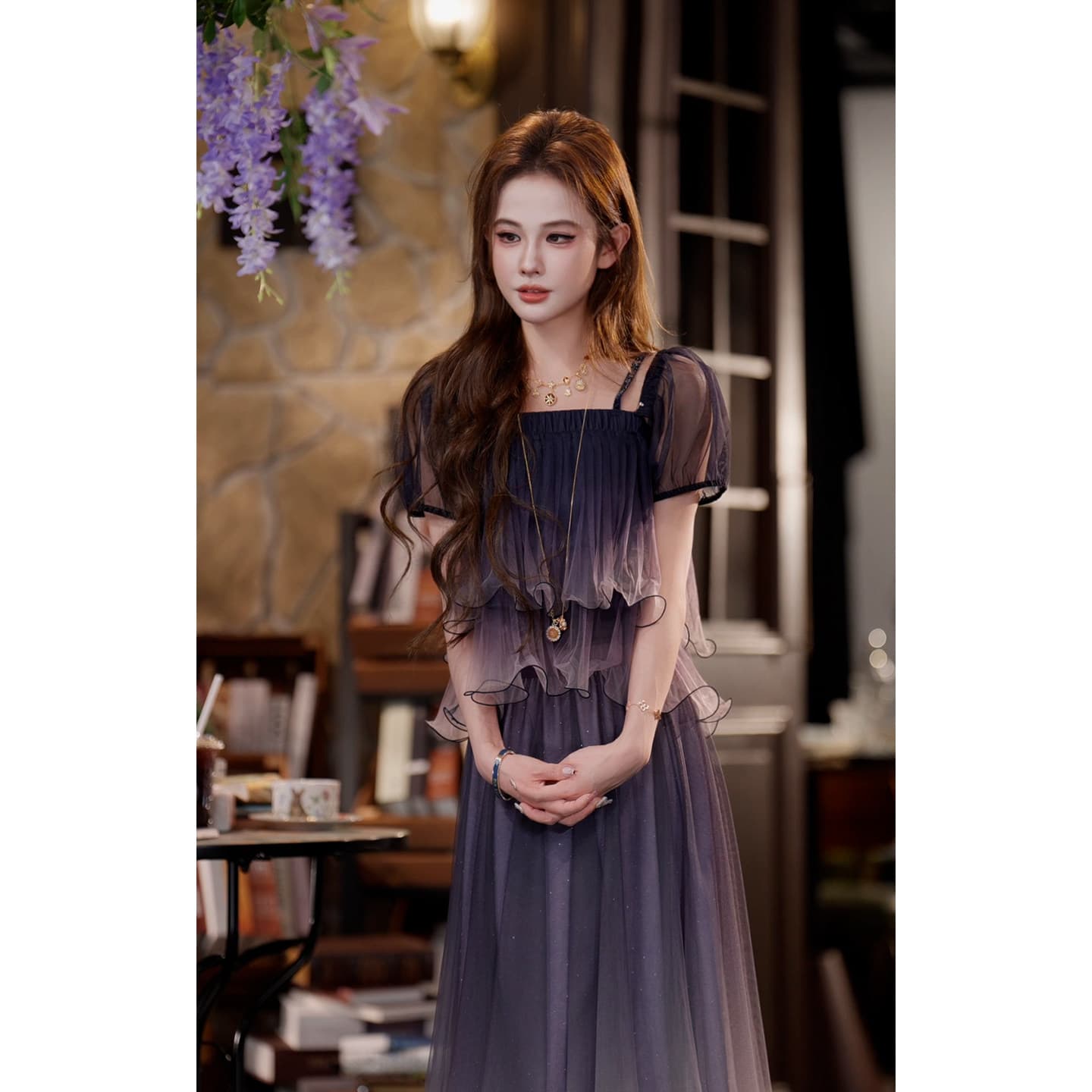 삼키기 tuntun 봄 여름 마술 성운 낭만주의 요정 가스 그라데이션 보라색 거품 소매 슬립 오프숄더 작은 셔츠 상세 이미지 4