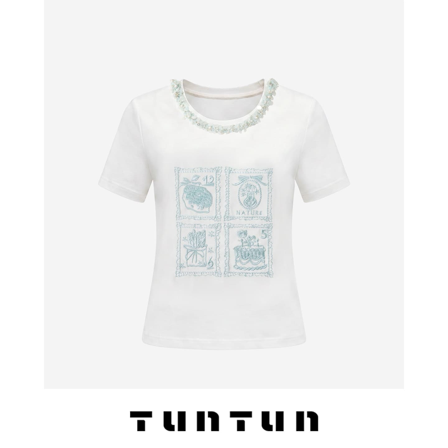 삼키기 tuntun 봄 여름 무고한 크림 레트로 네 궁전 그리드 우편 티켓 자수 긍정적 인 어깨 반팔 티셔츠 상세 이미지 4