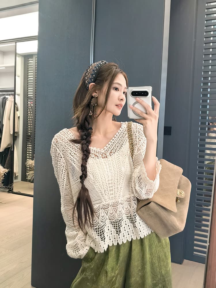 아름다움 대양 meiyang 웨이브 쌀 레이스 셔츠 보헤미안 긍정적 인 어깨 V넥 홀로우 아웃 긴팔 블라우스