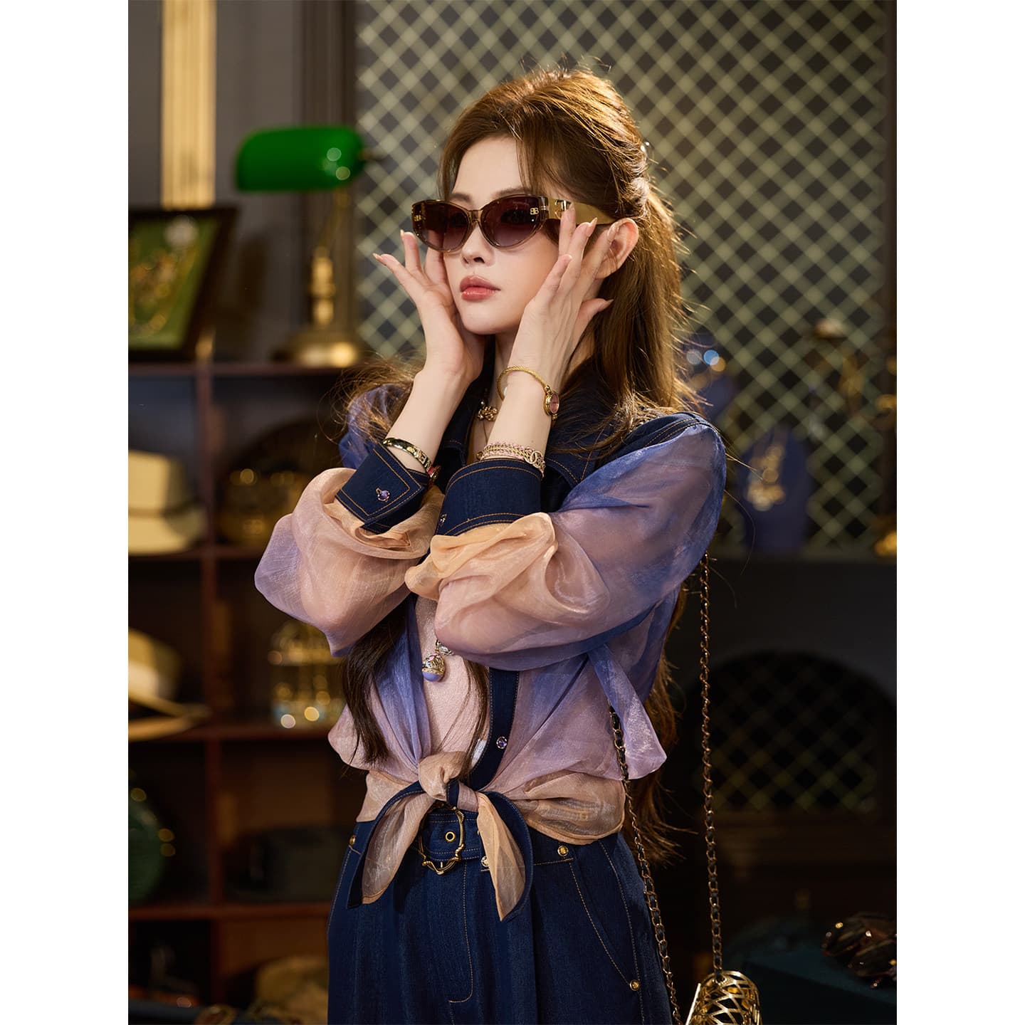 삼키기 tuntun 봄 여름 일몰 광선 셔츠 황혼 마술 색상 모방 데님 명시적 스티치 깃발 일몰 광선 셔츠 이미지 2