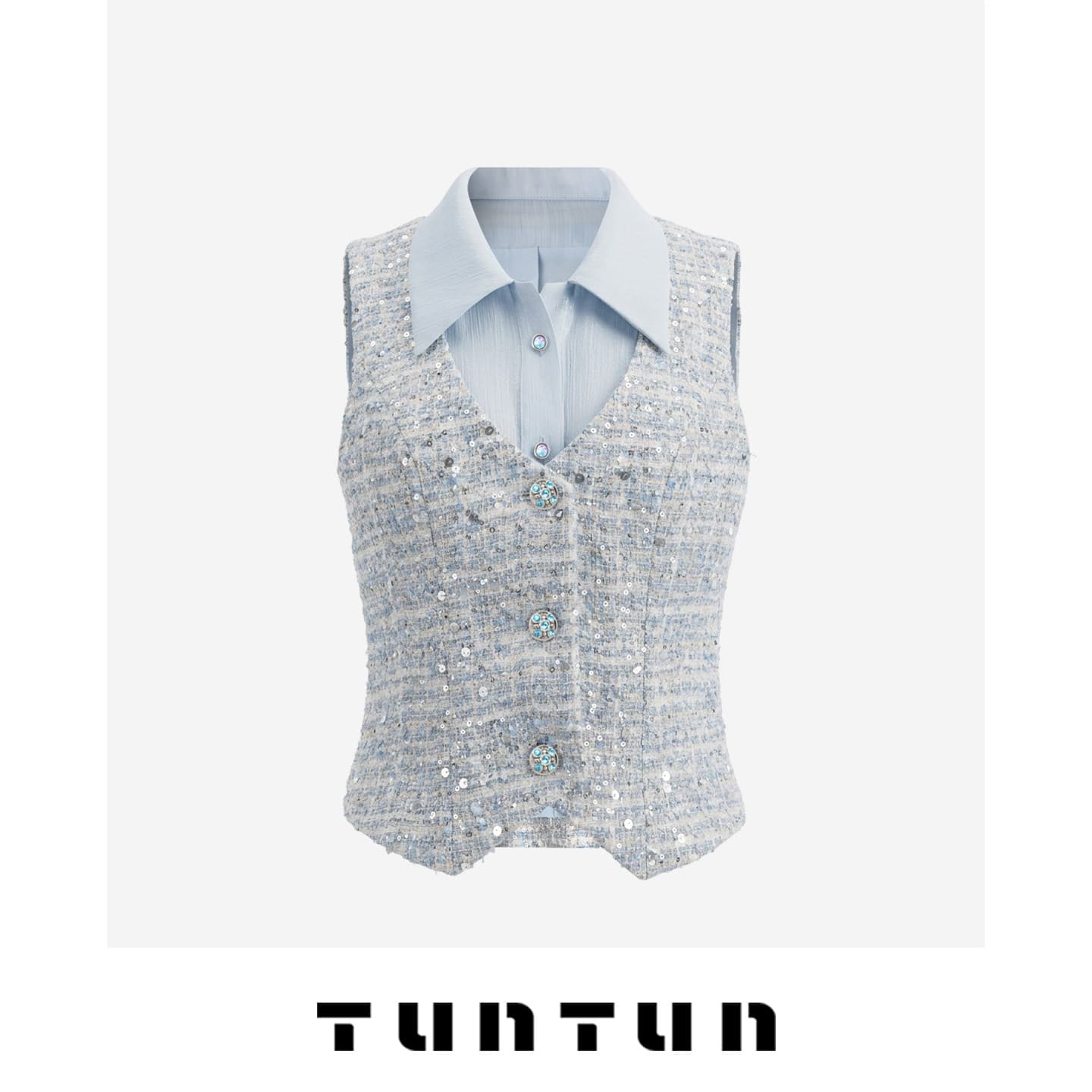 삼키기 tuntun 봄 여름 지점 모 호수 한 눈 矜贵 페이크 레이어드 패치워크 폴로 칼라 작은 샤넬 스타일 민소매 조끼 이미지 3