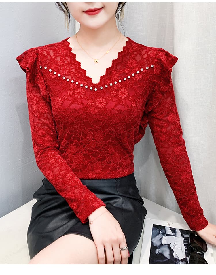 레이스 홀로우 아웃 가을 겨울철 새로운 V넥 못 훈련 연꽃 잎 외국 가스 몸매 가꾸기 슬림해 보이는 만나는 여성 셔츠 외출용 트렌디 상세 이미지 27