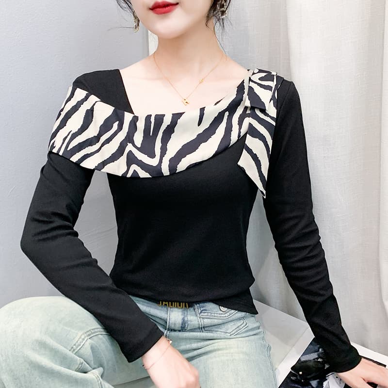빛 요리 한 바람 외출용 트렌디 여성 의류 새로운 배색 패치워크 비스듬한 칼라 리본 슬림해 보이는 긴팔 패션 다용도 티셔츠 맨위 이미지 2