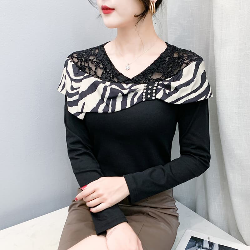 세련된 못 훈련 가을 겨울 새로운 레이스 배색 패치워크 연령 감소 외국 가스 나비 매듭 몸매 가꾸기 슬림해 보이는 여성 기본 셔츠 이미지 2
