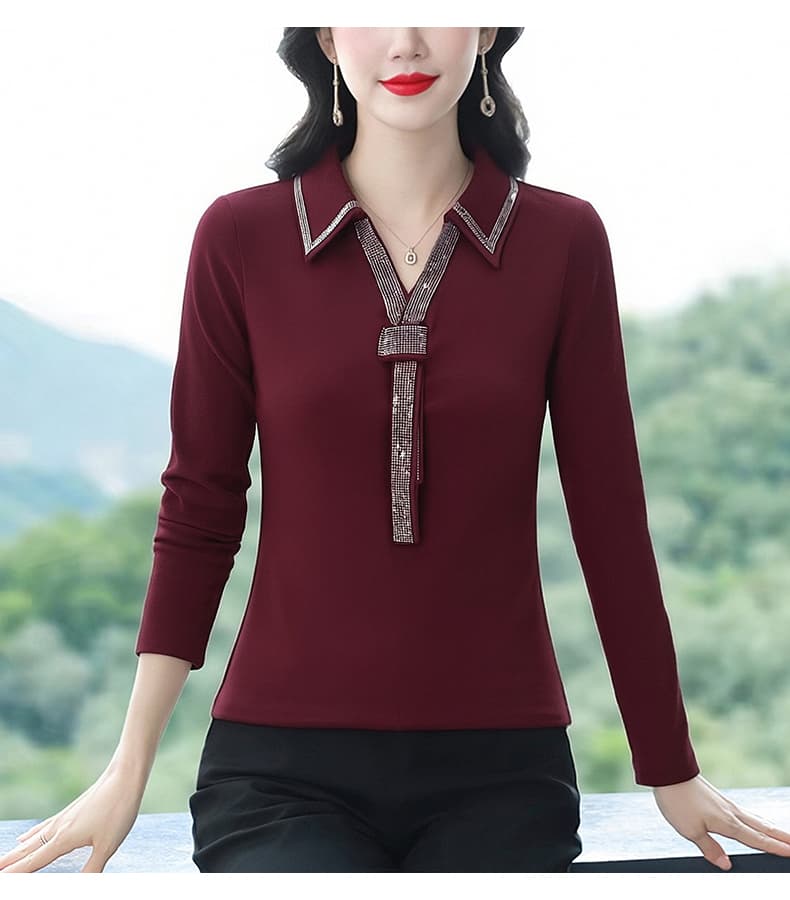 2026 년 봄 드레스 새로운 긴팔 티셔츠 엄마 폴로 칼라 신축성 맨위 여성 품격 작은 셔츠 프린트 중년 여성 상세 이미지 9