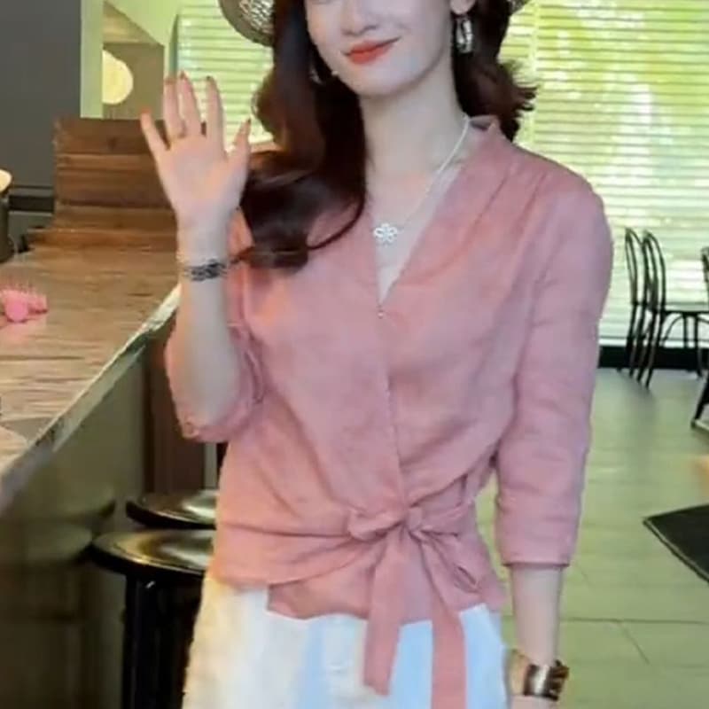 2026 년 여름 드레스 새로운 면 린넨 셔츠 슬림해 보이는 맨위 7부 소매 셔츠 패션 여성 허리 수축 레이스업 작은 셔츠 이미지 3