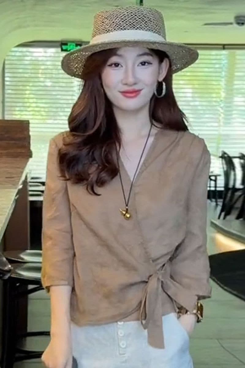 2026 년 여름 드레스 새로운 면 린넨 셔츠 슬림해 보이는 맨위 7부 소매 셔츠 패션 여성 허리 수축 레이스업 작은 셔츠 이미지 7