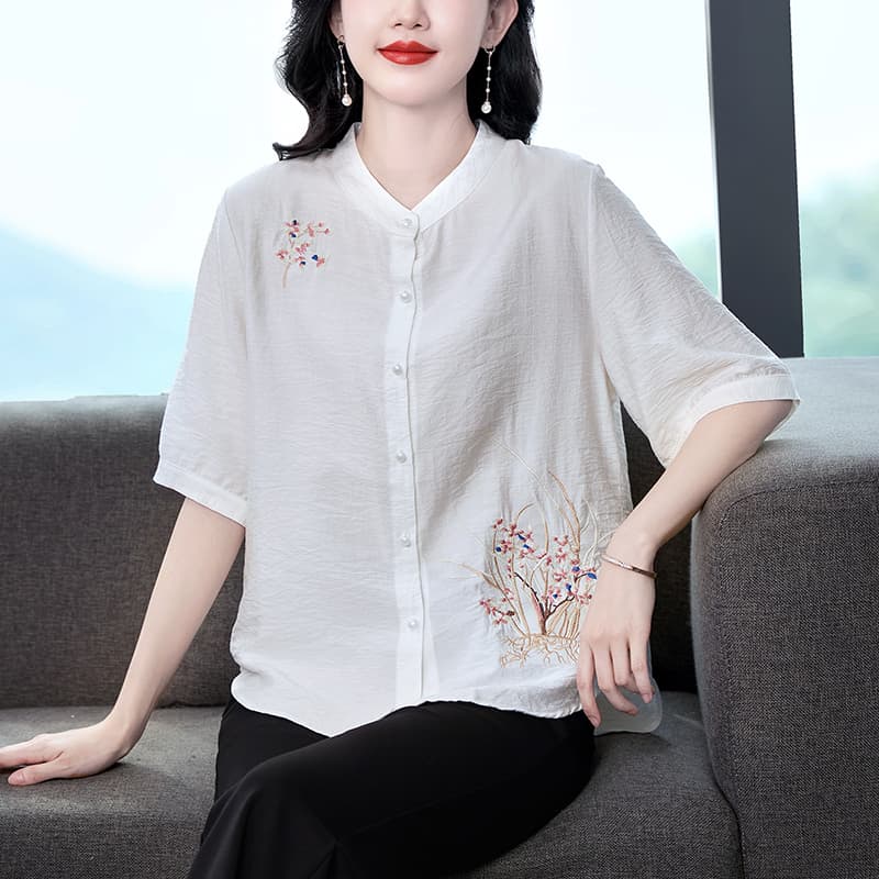 실사 2026 면 린넨 셔츠 루즈핏 표지 배 맨위 중노년 여름 드레스 새로운 국풍 셔츠 엄마 작은 셔츠 여성 이미지 5
