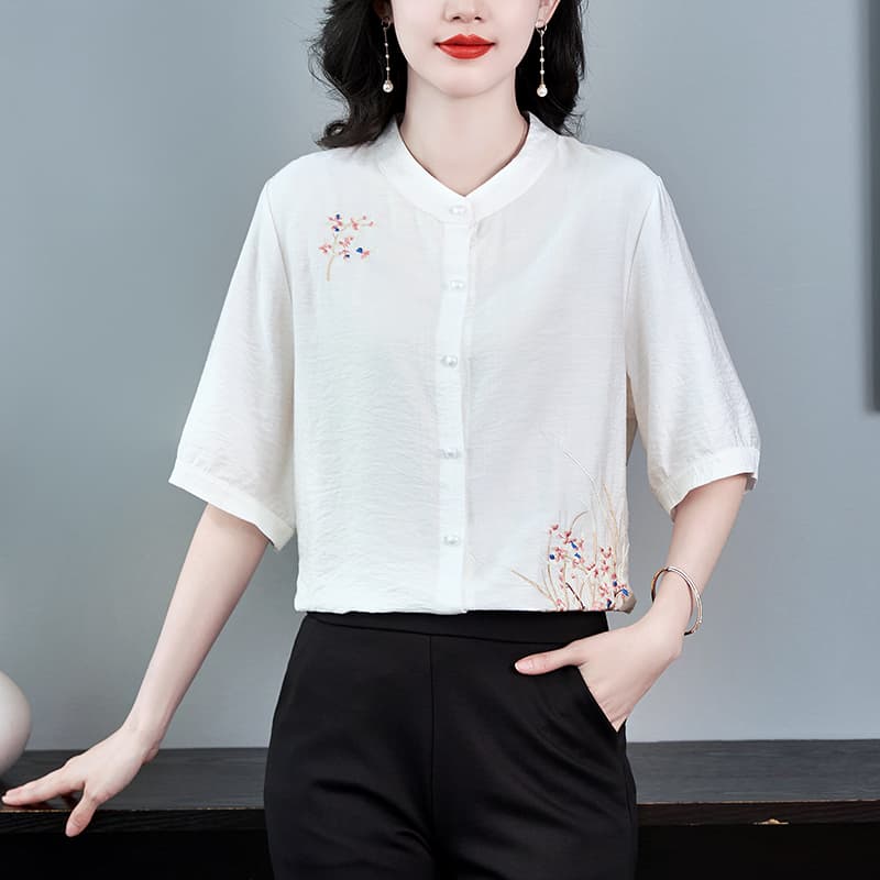 실사 2026 면 린넨 셔츠 루즈핏 표지 배 맨위 중노년 여름 드레스 새로운 국풍 셔츠 엄마 작은 셔츠 여성 이미지 3
