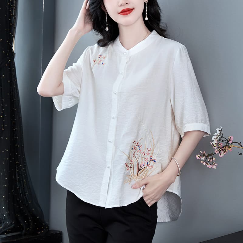 실사 2026 면 린넨 셔츠 루즈핏 표지 배 맨위 중노년 여름 드레스 새로운 국풍 셔츠 엄마 작은 셔츠 여성 이미지 2