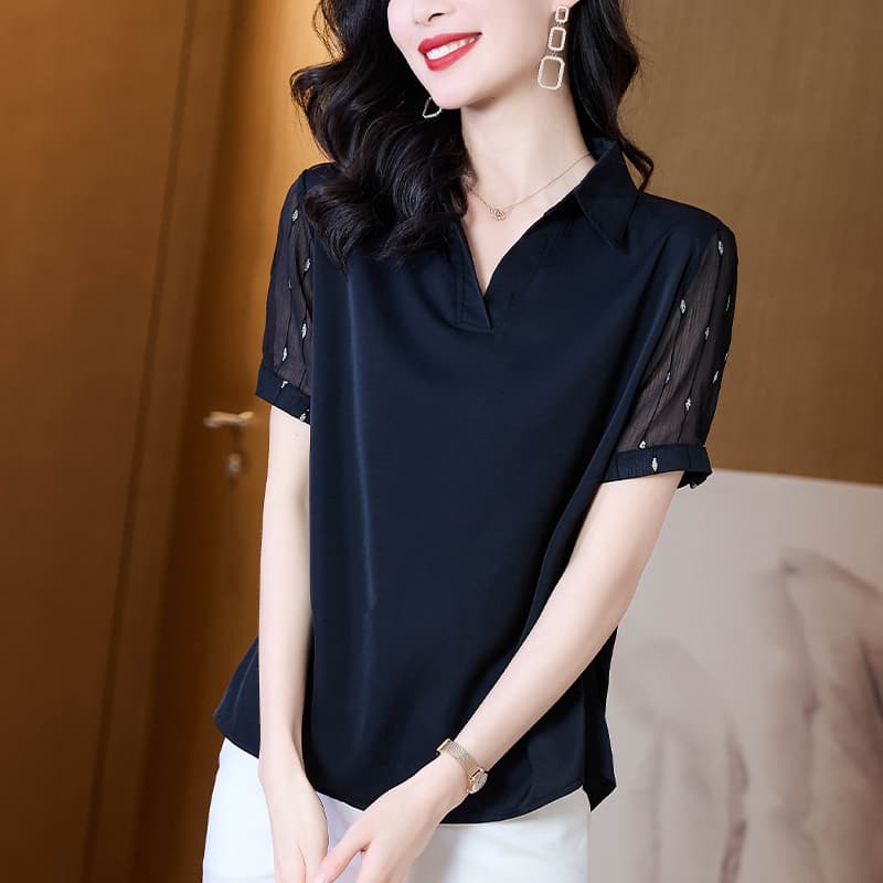 재고 있음 2026 년 여름 쉬폰 셔츠 빅 사이즈 루즈핏 표지 배 폴로 칼라 실크 맨위 영 엄마 품격 셔츠 이미지 3