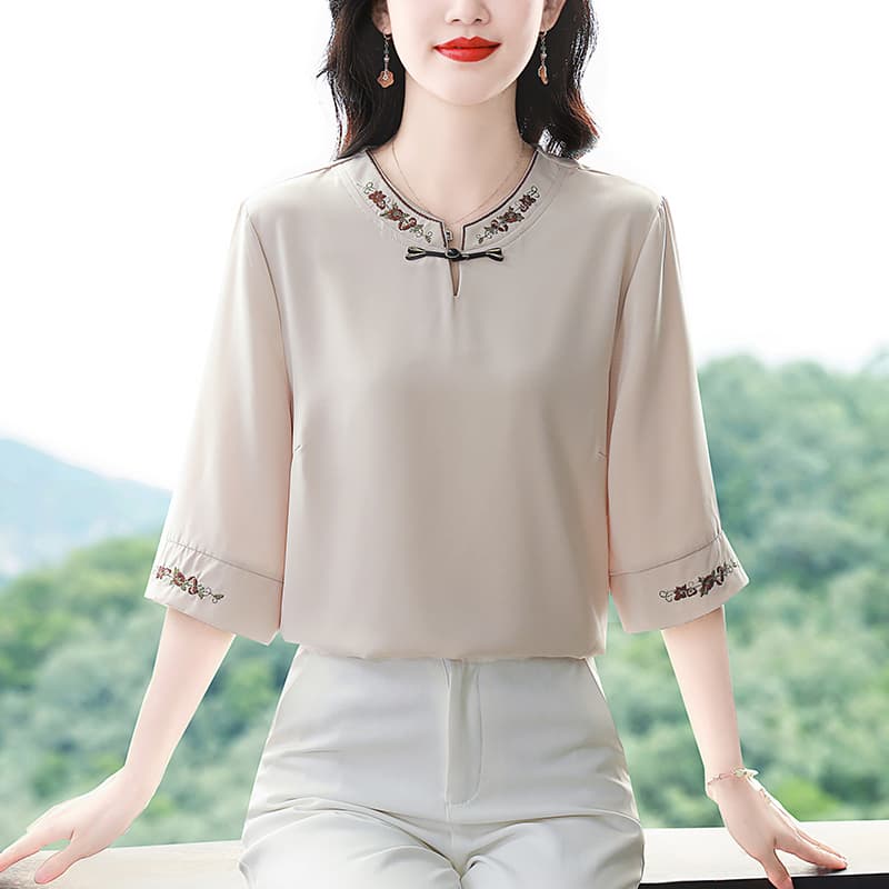 실사 2026 년 여름 새로운 새로운 중식 자수 맨위 실크 셔츠 중노년 엄마 작은 셔츠 국풍 셔츠 이미지 4