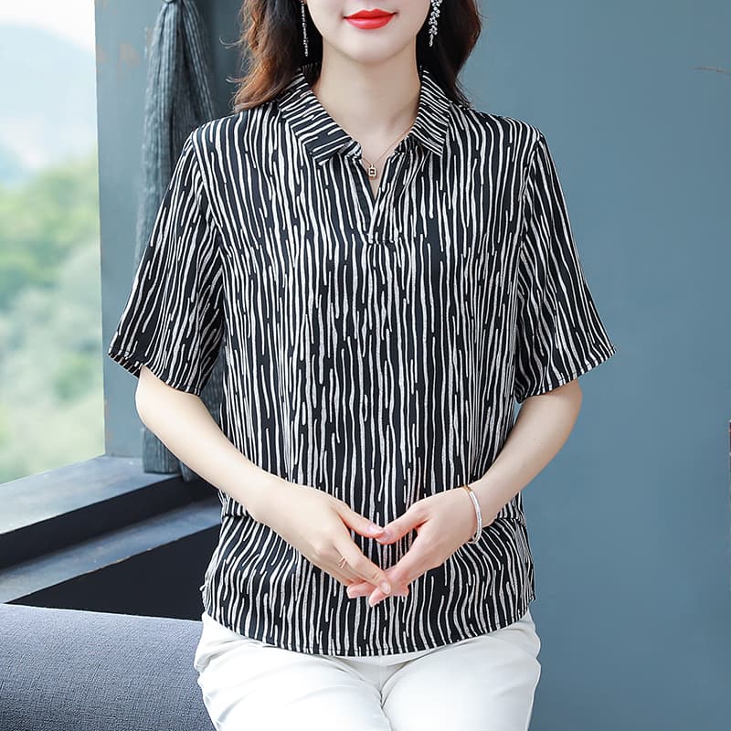실사 2026 여름 새로운 실크 셔츠 프린트 루즈핏 표지 배 맨위 중노년 엄마 폴로 칼라 반팔 티셔츠 이미지 4