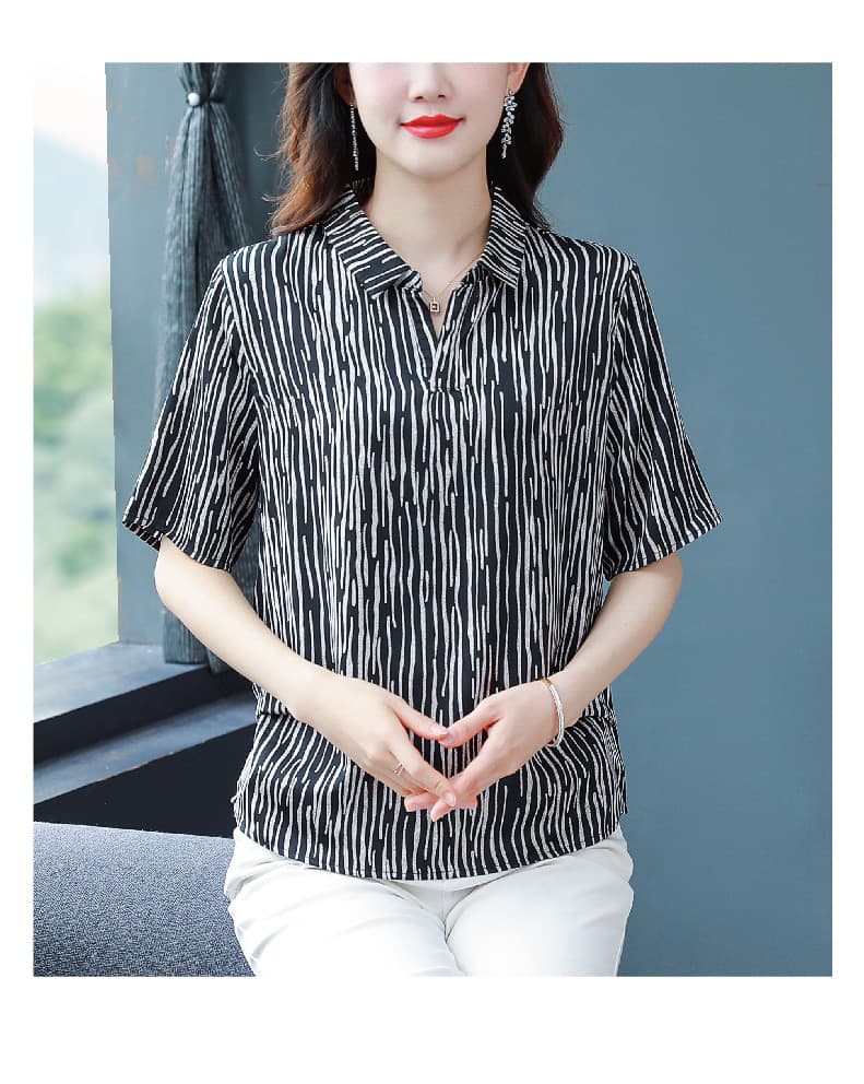실사 2026 여름 새로운 실크 셔츠 프린트 루즈핏 표지 배 맨위 중노년 엄마 폴로 칼라 반팔 티셔츠 상세 이미지 13