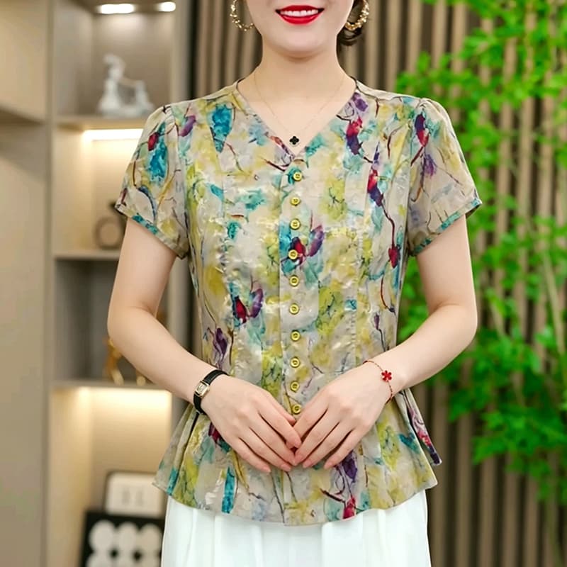 재고 있음 2026 여름 드레스 프린트 새틴 셔츠 허리 수축 슬림해 보이는 맨위 중년 여성 엄마 품격 셔츠 이미지 5