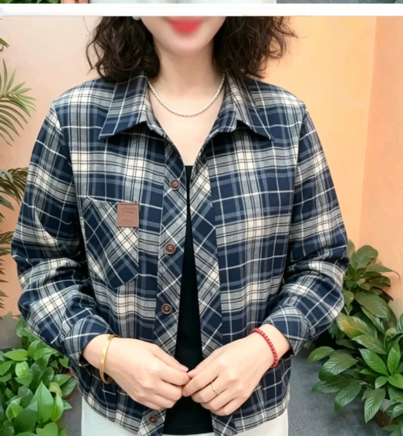 재고 있음 2026 년 가을 의상 새로운 체크무늬 짧은 외투 연삭 털 셔츠 엄마 캐주얼 루즈핏 표지 배 맨위 긴팔 상세 이미지 6