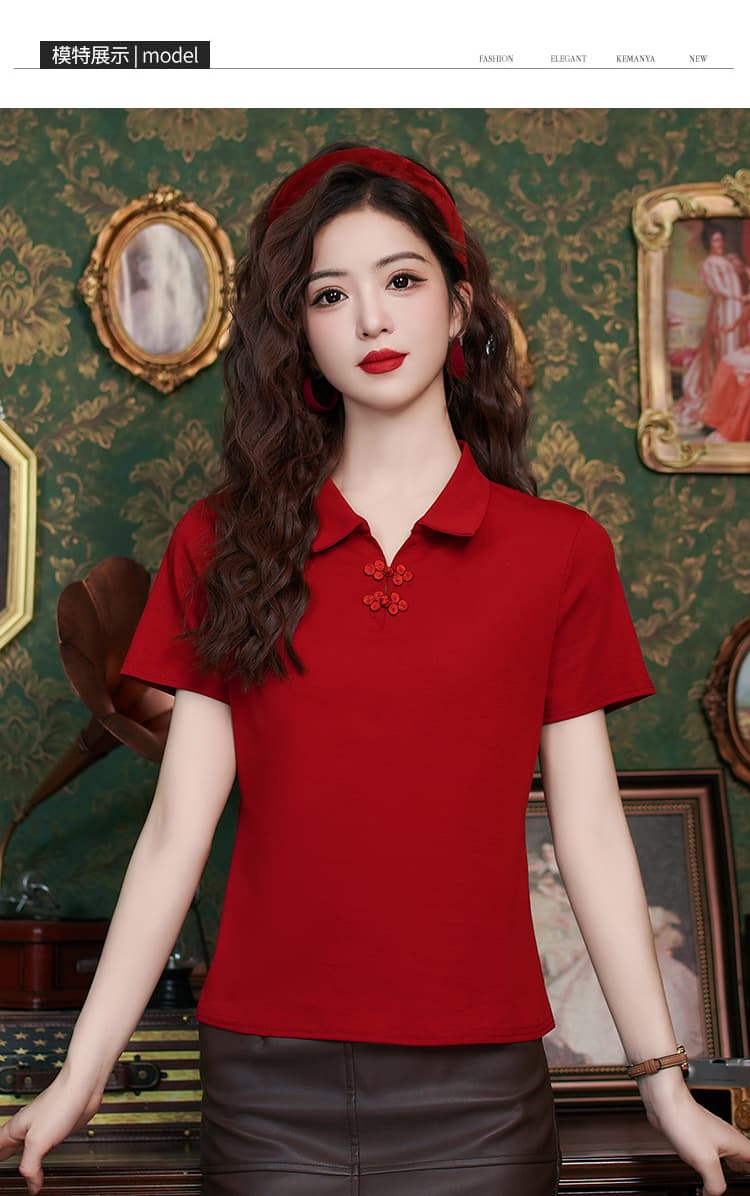 재고 있음 실사 2026 년 여름 드레스 새로운 순면 반팔 티셔츠 새로운 중식 맨위 엄마 폴로 칼라 셔츠 중년 상세 이미지 9