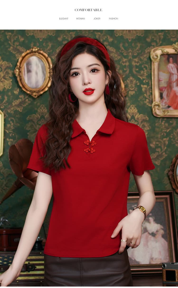 재고 있음 실사 2026 년 여름 드레스 새로운 순면 반팔 티셔츠 새로운 중식 맨위 엄마 폴로 칼라 셔츠 중년 상세 이미지 10