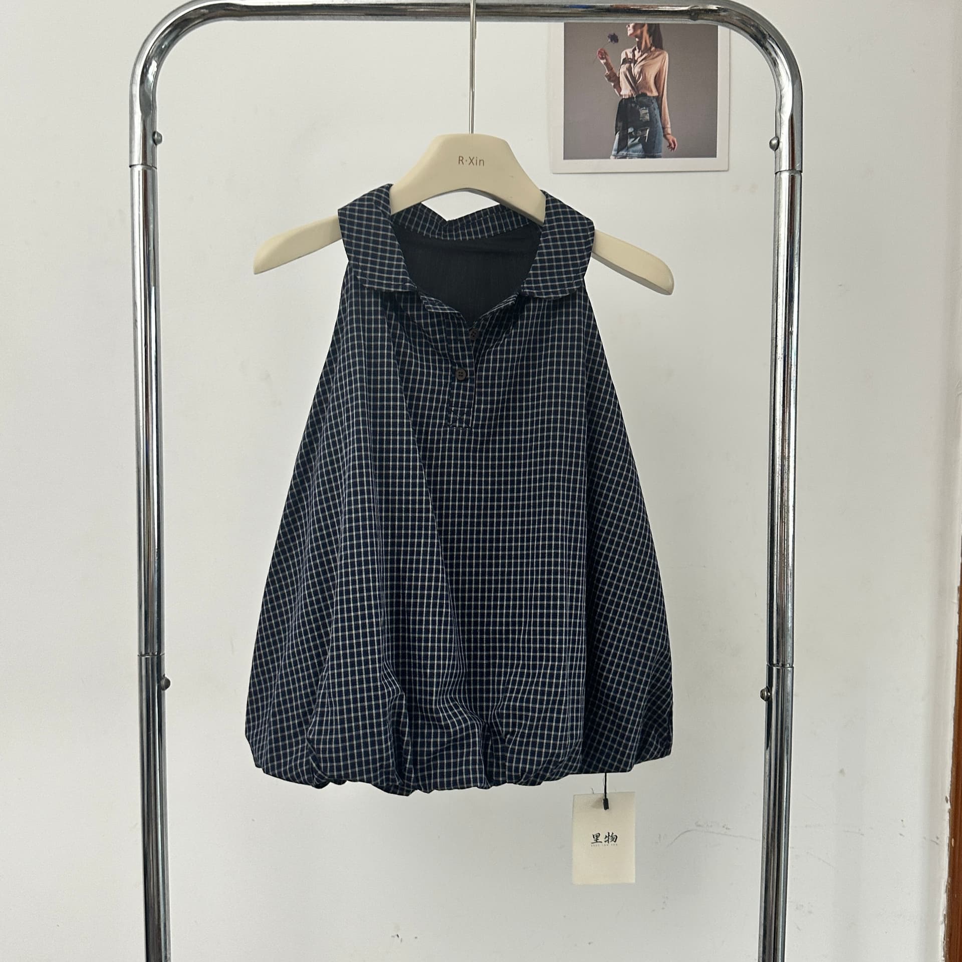 레트로 작은 폴로 칼라 행침 목 꽃밭 밑단 체크무늬 조끼 민소매 맨위 상세 이미지 6