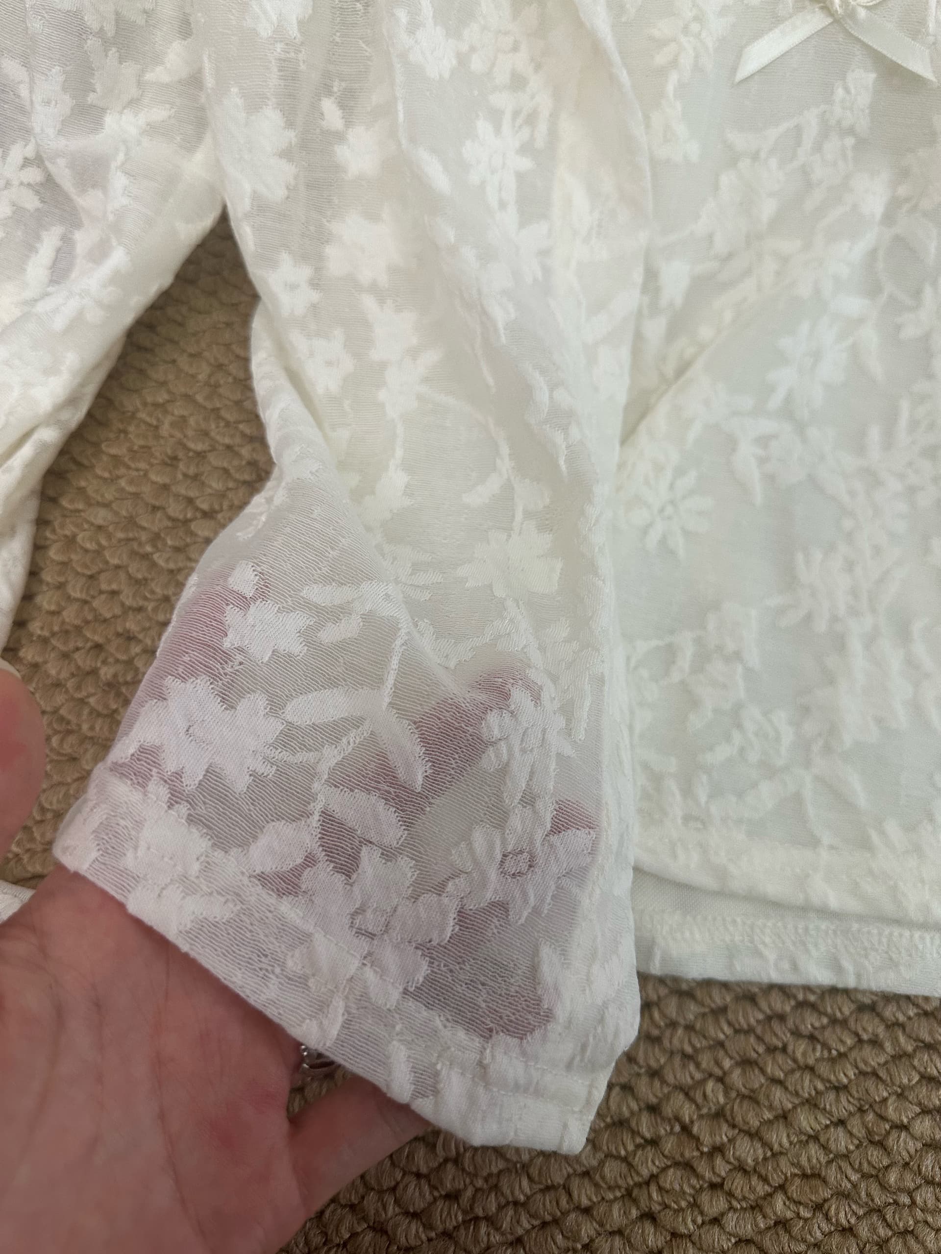 부드러운 살구 색상 무거운 작업 자카드 레이스 슬립 라운드 넥 마이크로 ~을 통해 질감 센스 긴팔 오픈 가디건 투피스 세트 상세 이미지 4