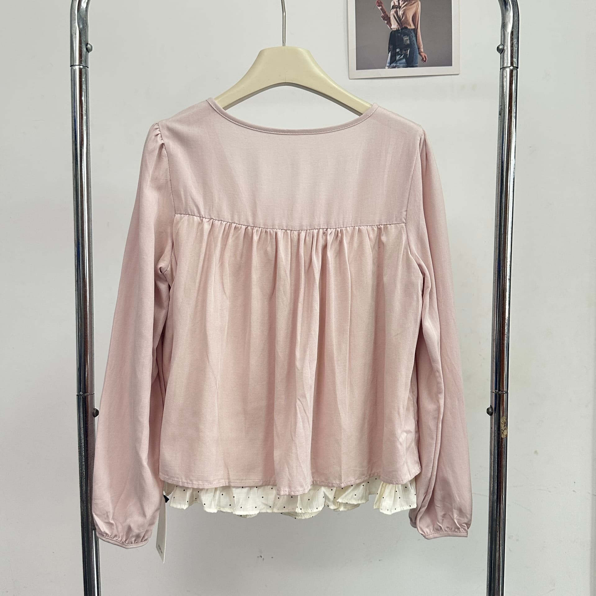 가을의 날 프랑스식 달콤한 스타일 프릴 핑크색 연령 감소 나비 넥타이 슬림해 보이는 셔츠 페이크 레이어드 스택 착용 맨위 상세 이미지 6