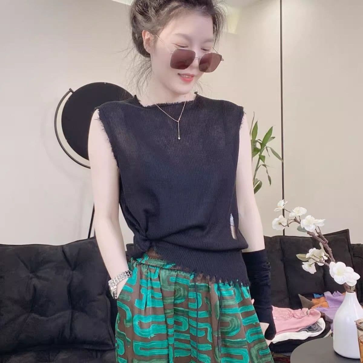 있음 주머니 하이웨이스트 꽃무늬 긴 바지 슬림해 보이는 루즈핏 와이드 레깅스 바지 여름 새로운 얇은 도루 센스 프린트 바지 상세 이미지 16