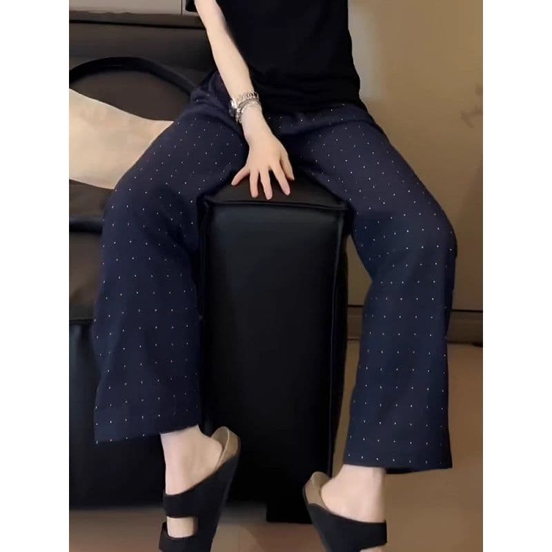 있음 주머니 9부 바지 여름 스트레이트 도트 무늬 캐주얼 와이드 레그 팬츠 새로운 루즈핏 슬림해 보이는 하이웨이스트 캐주얼 이미지 2