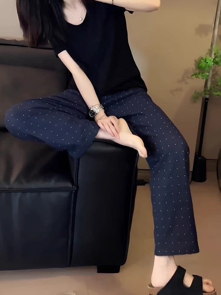 있음 주머니 9부 바지 여름 스트레이트 도트 무늬 캐주얼 와이드 레그 팬츠 새로운 루즈핏 슬림해 보이는 하이웨이스트 캐주얼 상세 이미지 5
